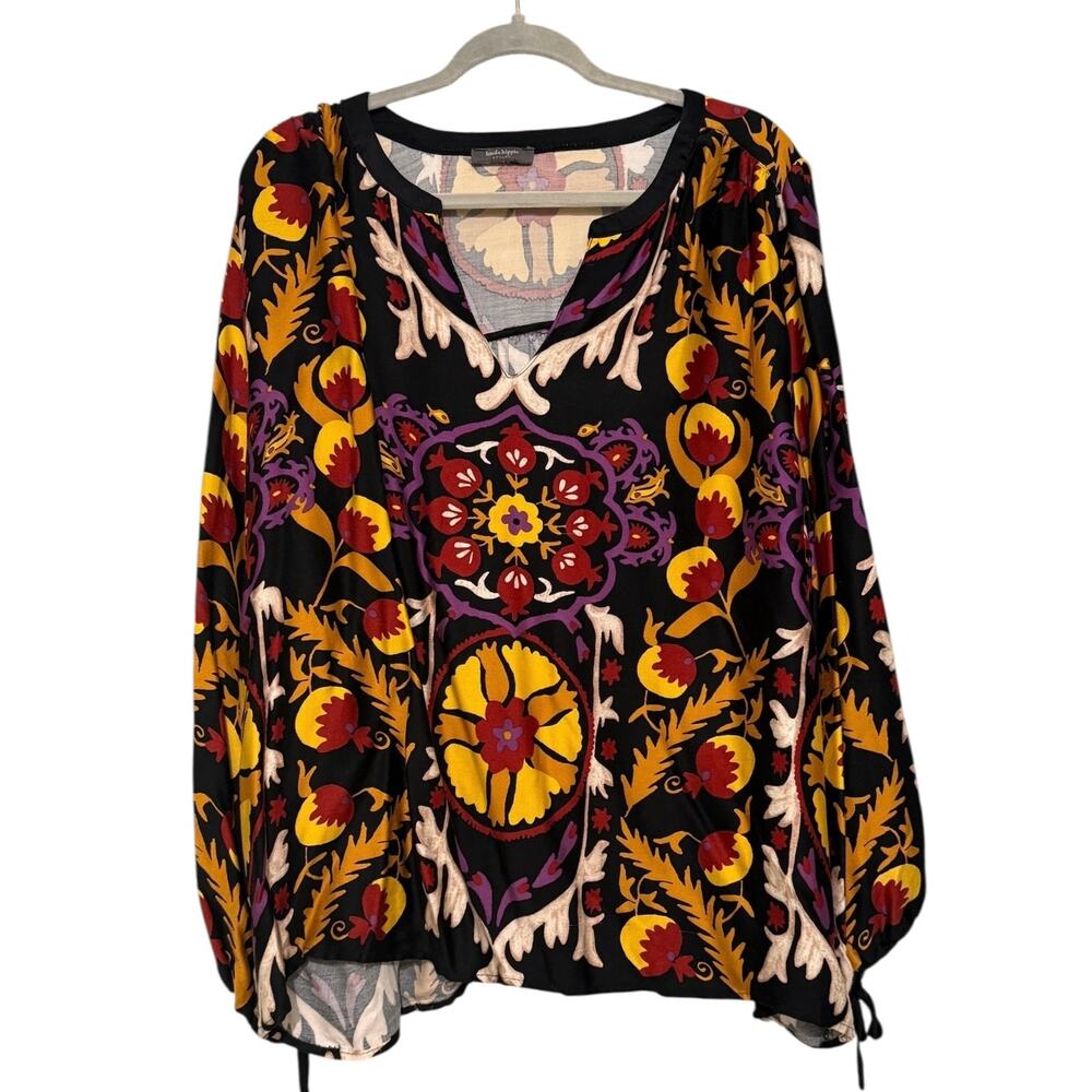 Haute Hippie Silk Boho Tunic Top Black Boho Print Flowy Oversized XXL 2X
